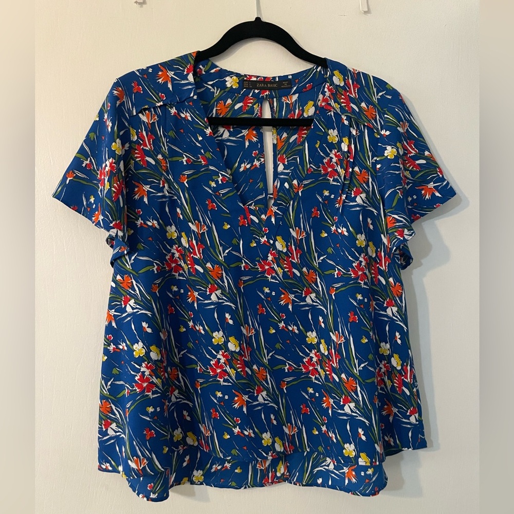 Zara Basic Blue Floral Blouse Sz L